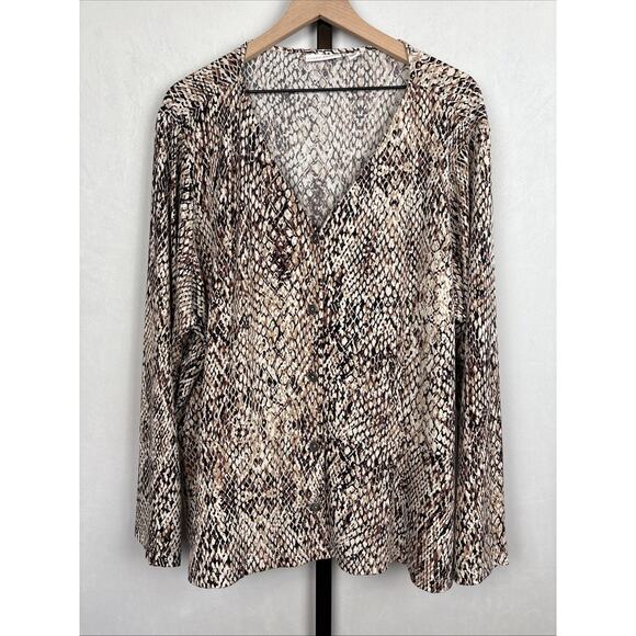 Susan Graver Liquid Knit Button Front Top Women’s 3X Brown Snake Print Stretch - Picture 1 of 10